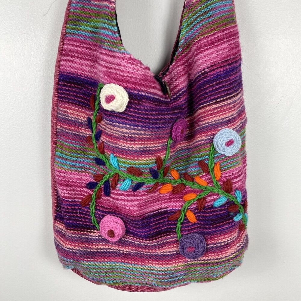 Greater Good Flower Crossbody Bag Purse Retro 100% Wool Hippie Boho Messenger - Picture 2 of 8